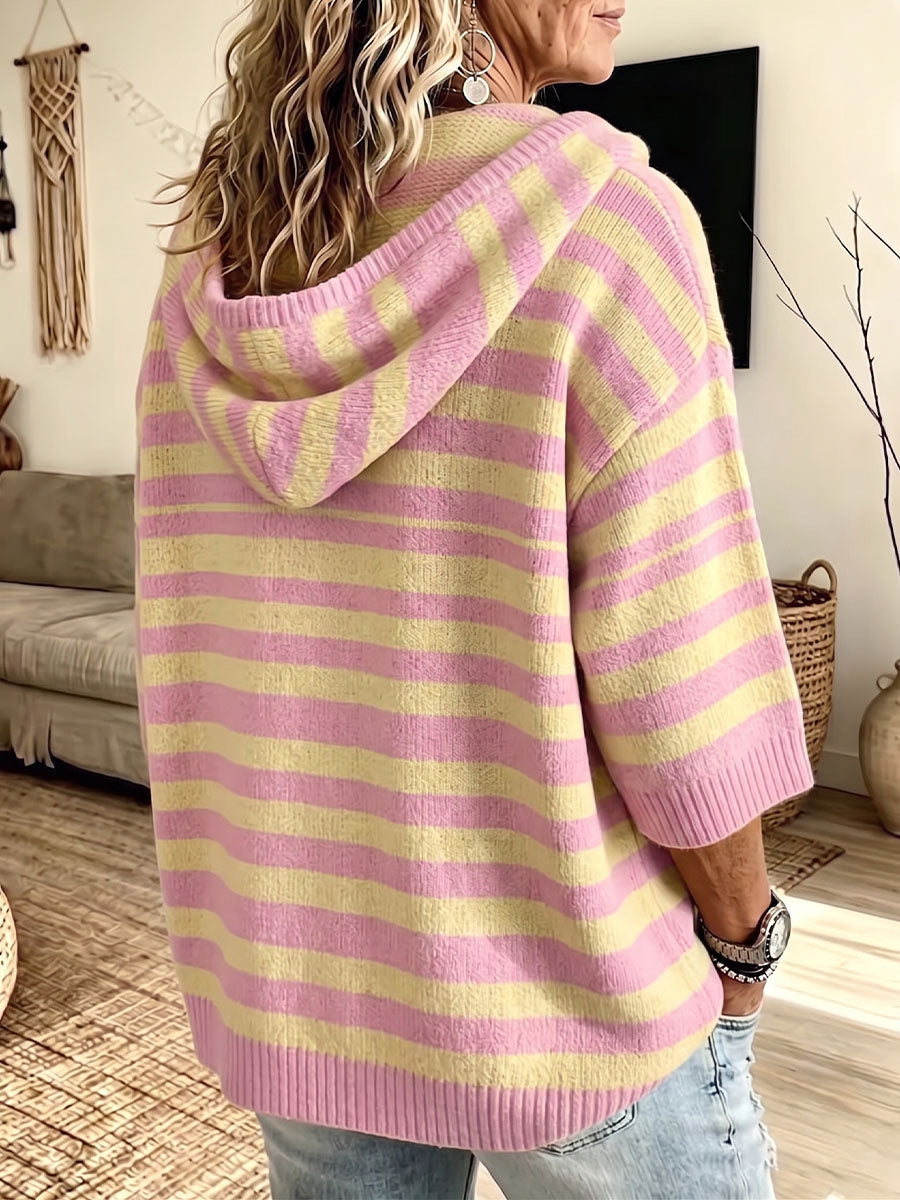 Vintage Elegant Color Blocked Hooded Button Down Sweater