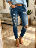 Women Distressed Ripped Raw Hem Ankle Skinny Stretch Denim Jeans