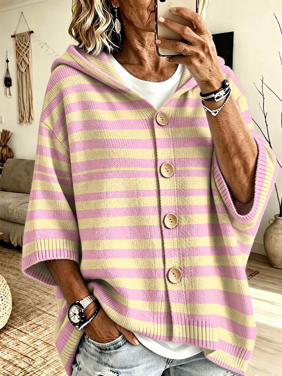 Vintage Elegant Color Blocked Hooded Button Down Sweater