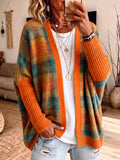 Colorful Plaid Open Front V Neck Knit Cardigan
