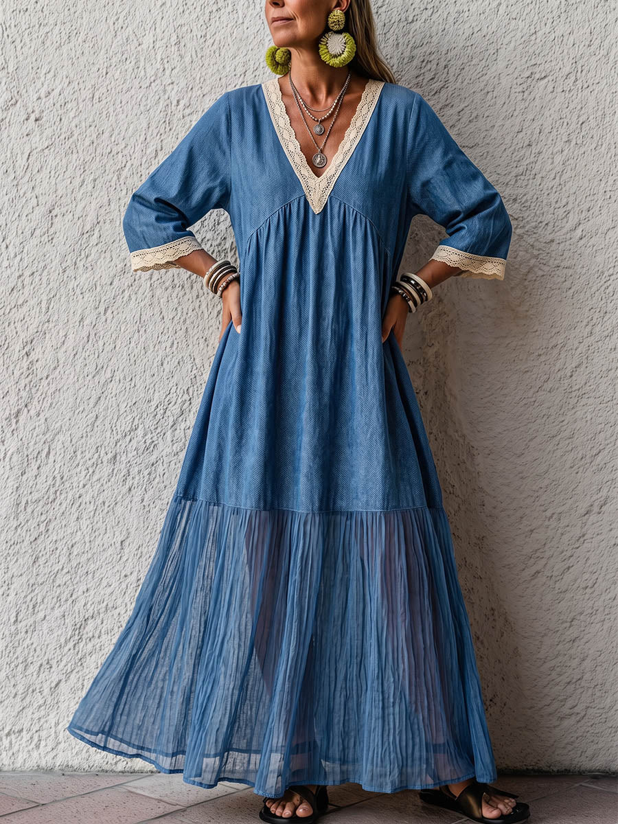 Vintage Elegant Denim Patchwork Lace Color Blocked Dress