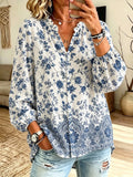 Women's Blue Floral Porcelain Print V-neck Puff Sleeve Blouse