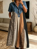 Women’s Denim Spliced Leopard Color Block Patchwork Midi Shirt Dress With Pockets