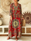 Women's Vintage Paisley Print V-Neck Boho Maxi Dress