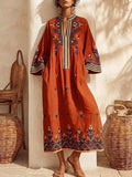 Retro Ethnic Pattern Art Print Casual Stand Collar Cotton Linen Maxi Dress