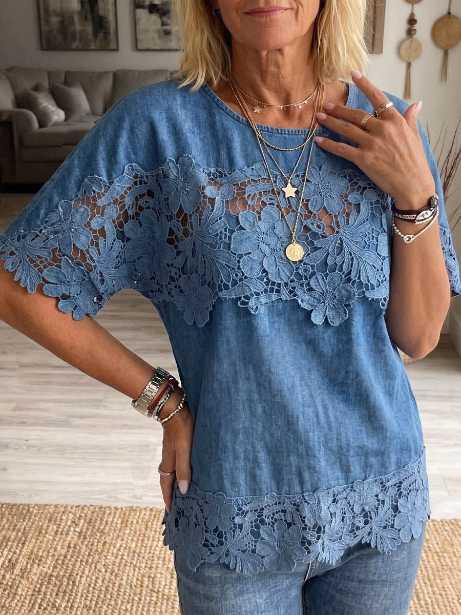 Vintage Elegant Denim Patchwork Openwork Floral Lace Shirt