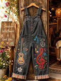 Women's Vintage Music Guitar Print Denim Overalls Long Pants