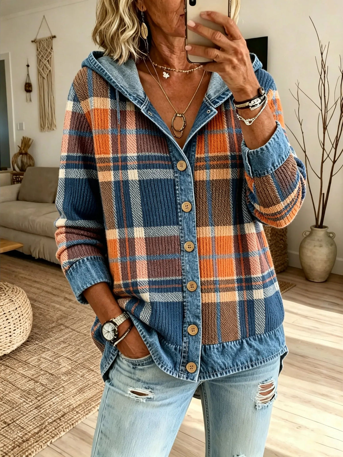 Women Vintage Colorblock Plaid Denim Spliced Hooded Knit Cardigan