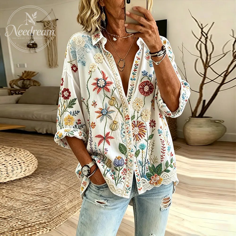 Women's Vintage Romantic Floral Art Embroidery Linen Comfortable Casual Long Sleeve Shirt