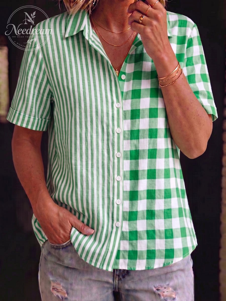 Artistic Plaid And Stripe Patchwork Cotton-linen Shirt
