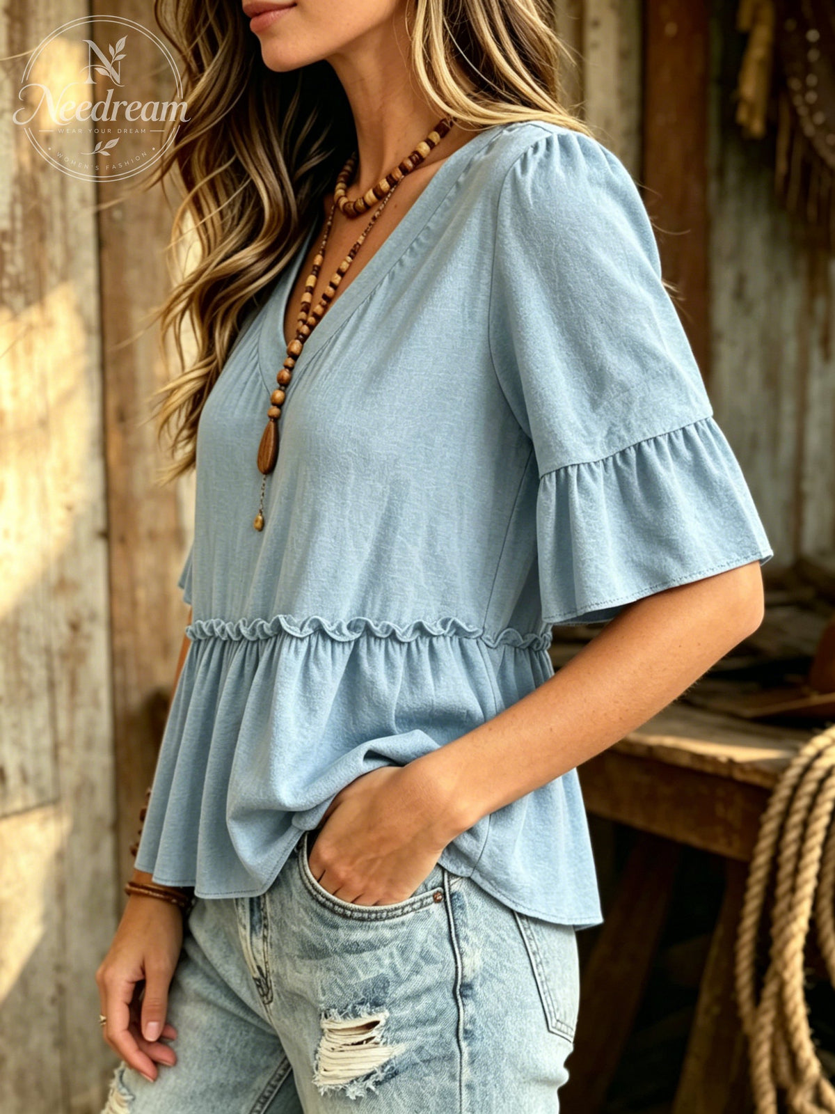 Women's Casual Half-sleeve V-neck Ruffled Cotton And Linen Shirt