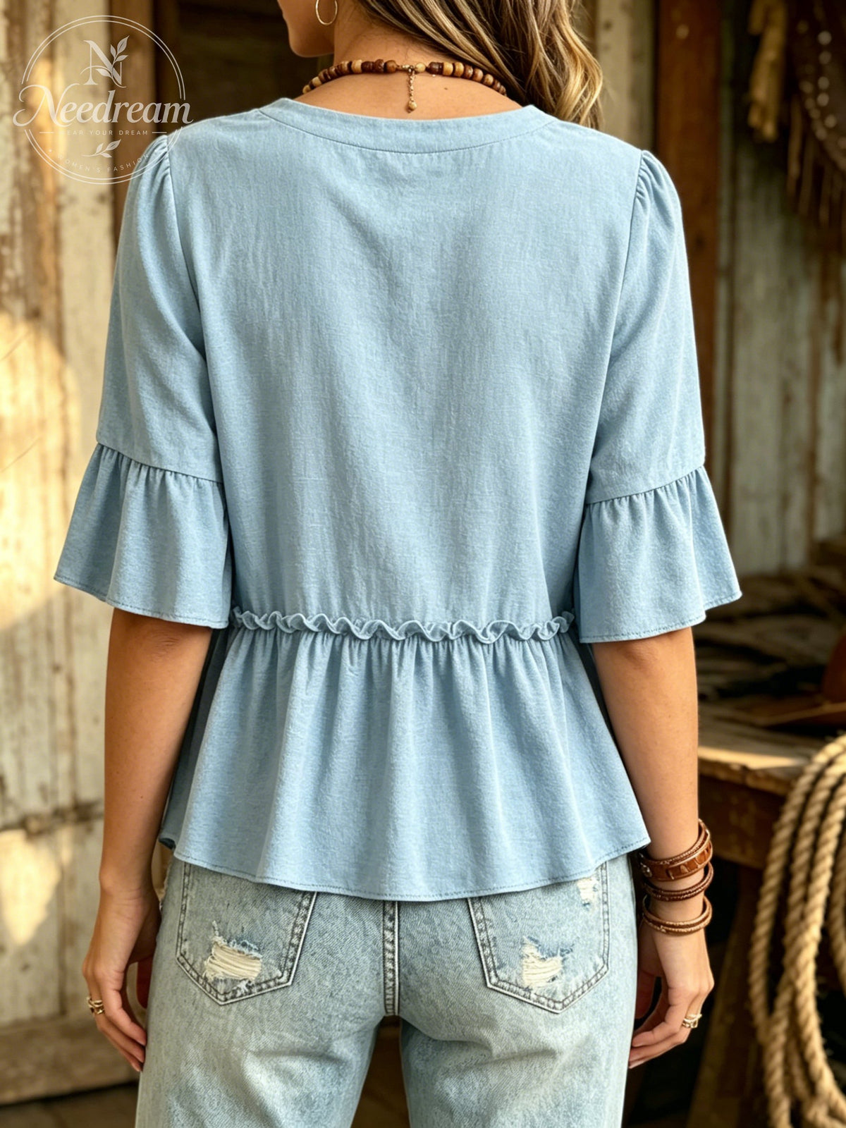 Women's Casual Half-sleeve V-neck Ruffled Cotton And Linen Shirt