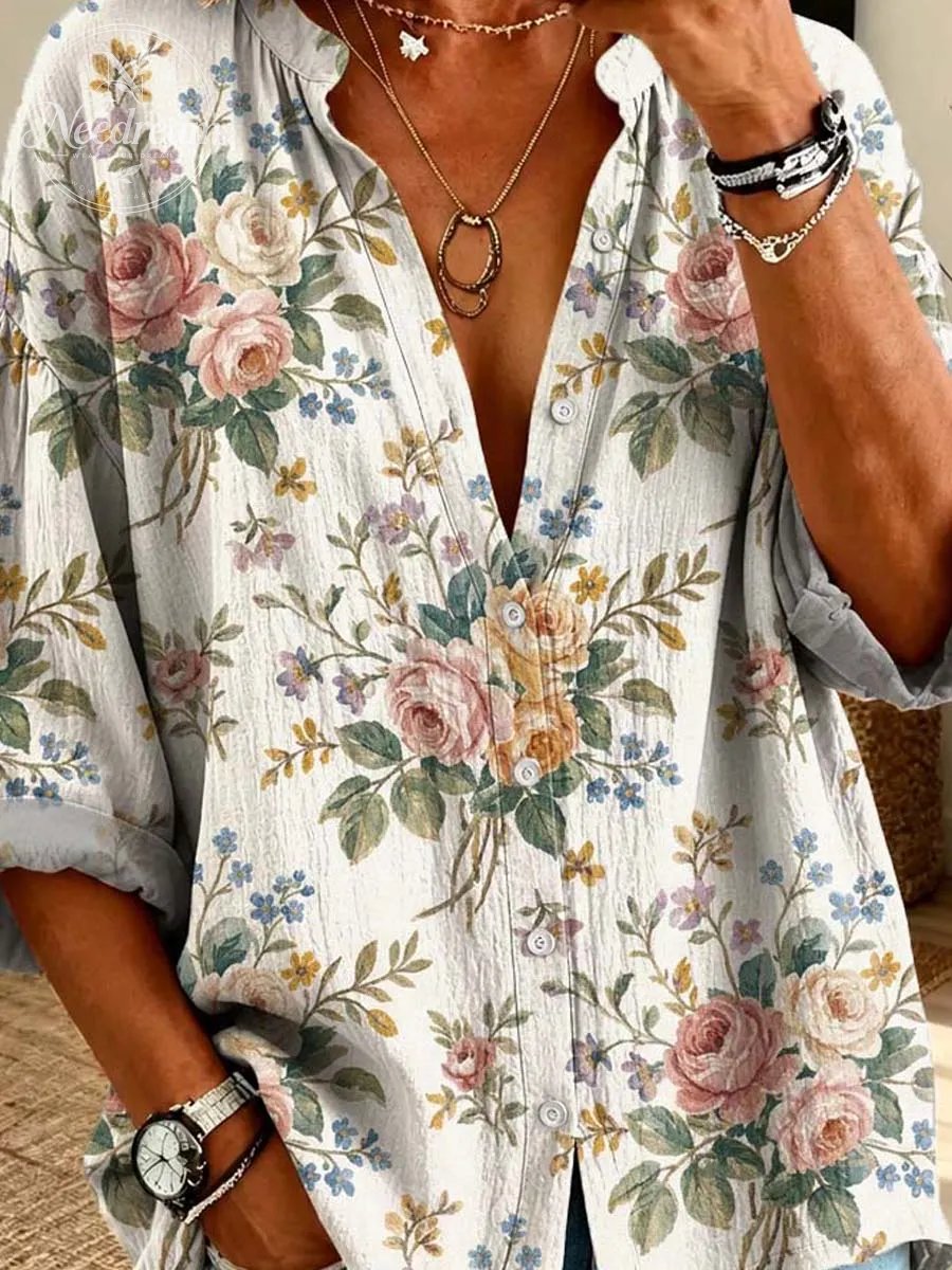 Vintage Floral Pattern Art Print Casual Long Sleeve Cotton Linen Shirt