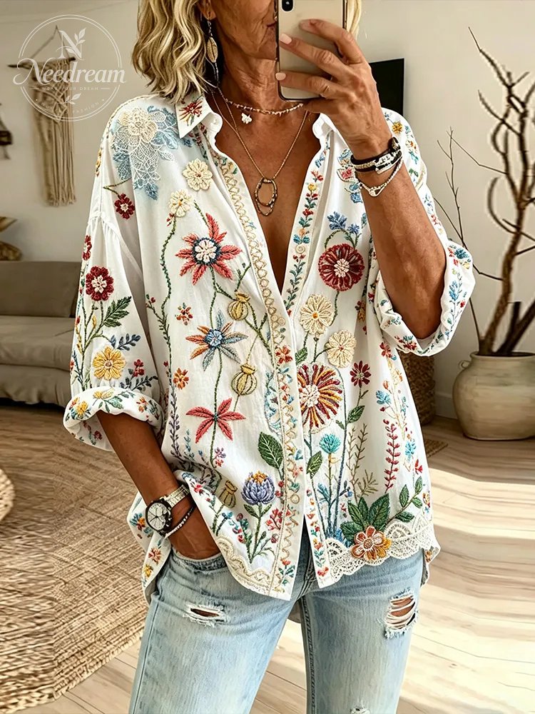 Women's Vintage Romantic Floral Art Embroidery Linen Comfortable Casual Long Sleeve Shirt