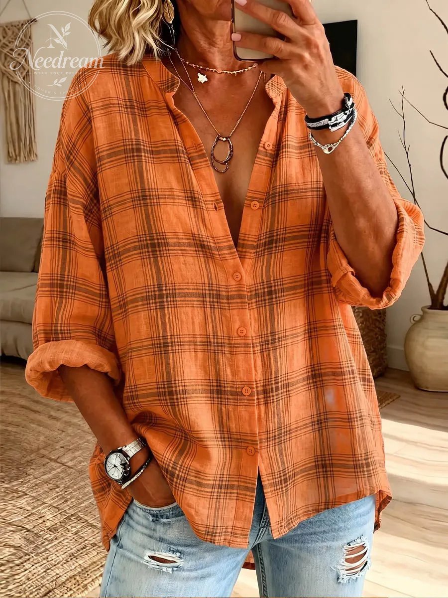 Vintage Elegant Button Long Sleeve Cotton And Linen Plaid Shirt