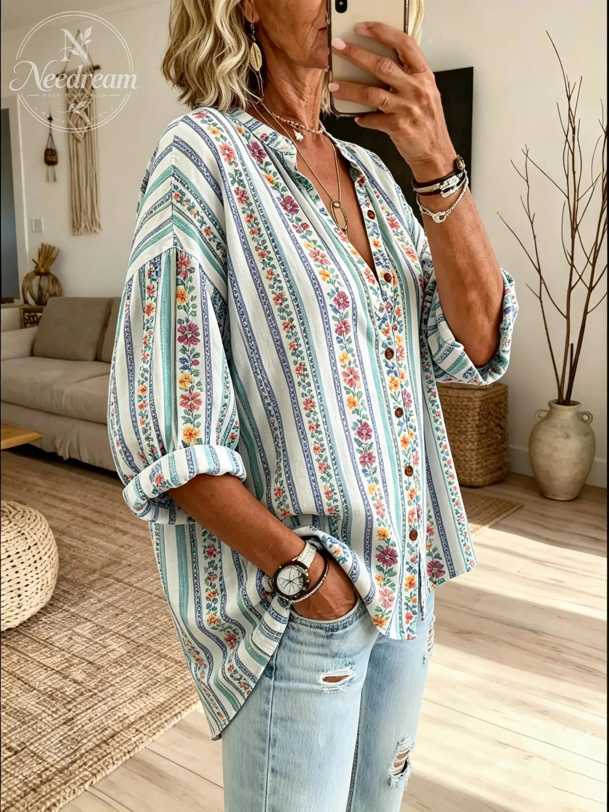 Women’s Colorful Floral Stripe Loose Shirt