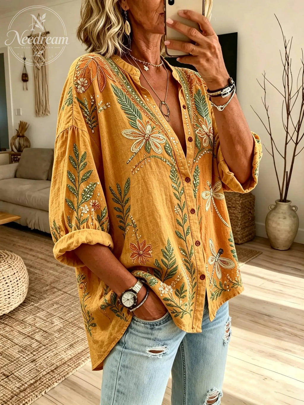 Women’s Orange Yellow Floral Dragonfly Print Button Down Shirt