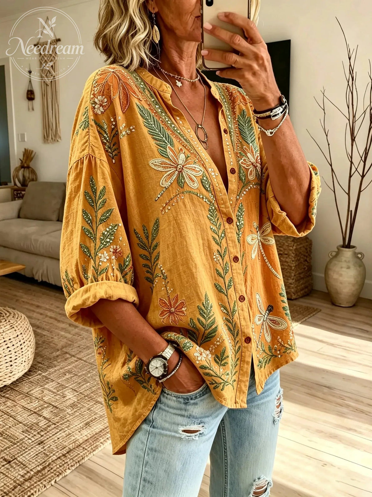 Women’s Orange Yellow Floral Dragonfly Print Button Down Shirt