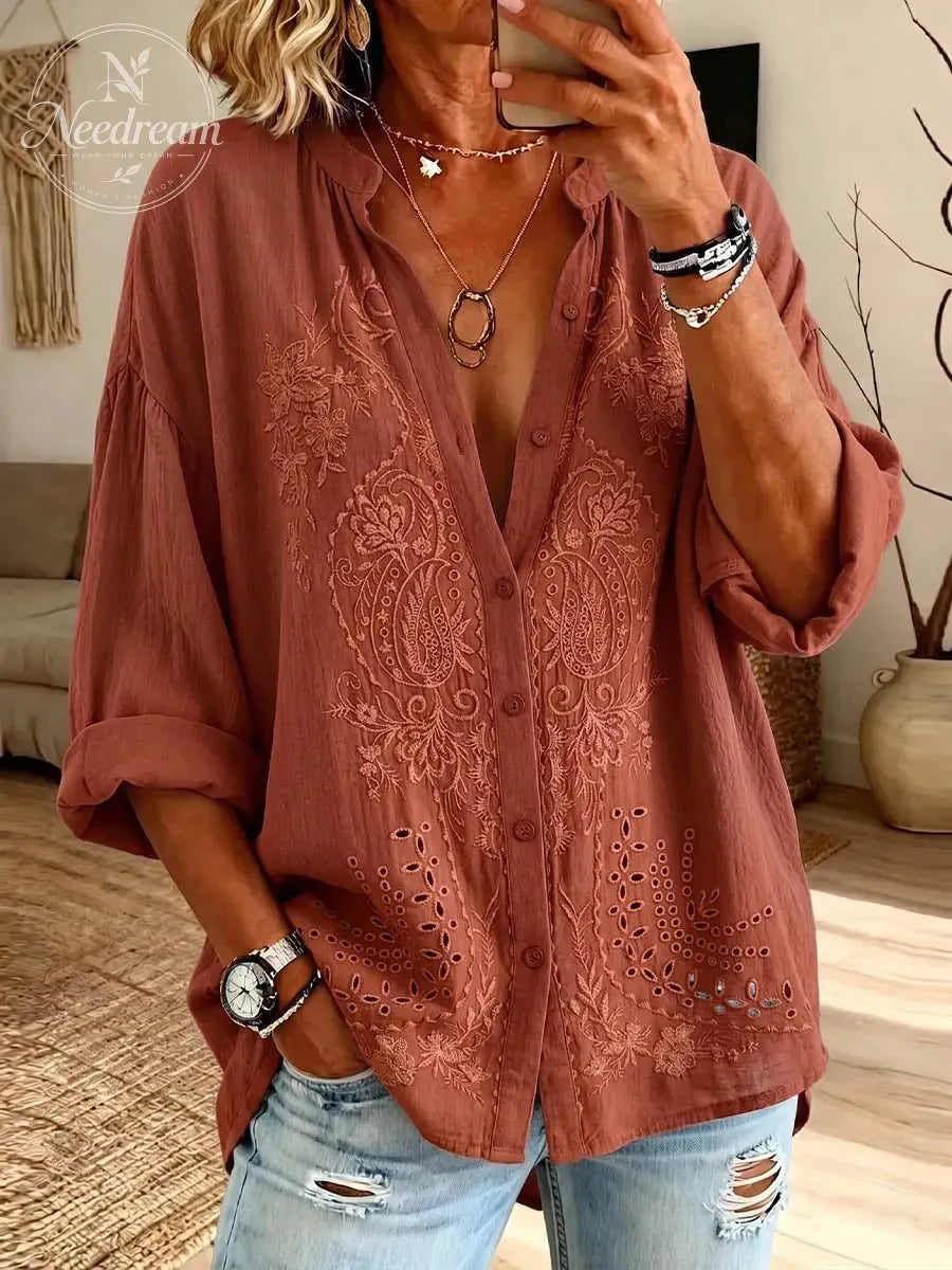 Vintage Elegant Button Long Sleeve Cotton And Linen Flowers Print Shirt