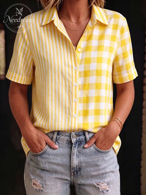 Artistic Plaid And Stripe Patchwork Cotton-linen Shirt
