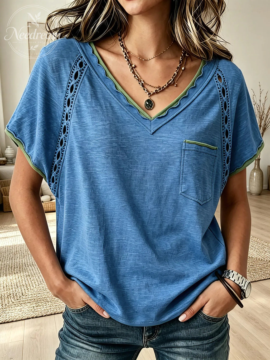 Women's Solid Crochet Lace Insert Color Trim V-Neck Short Sleeve T-Shirt